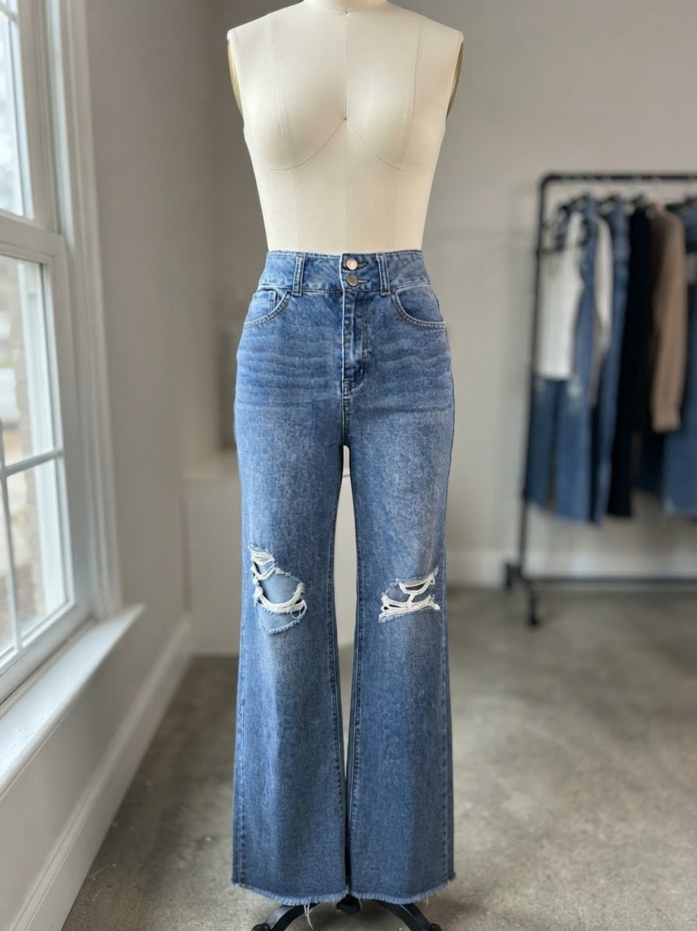 High Waisted Distressed Wide Leg Jeans Medium Wash